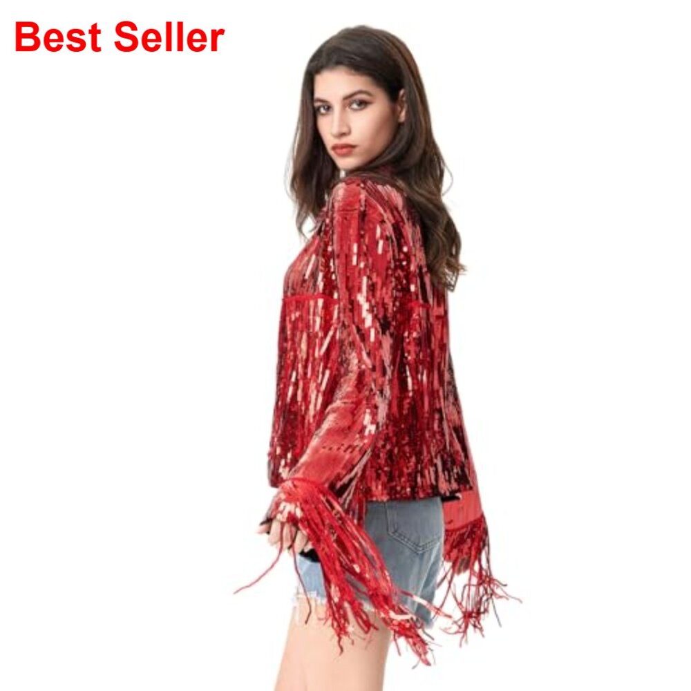 Sequin Tassel Fringe Jacket, Polyester Casual Open Front Coat - Picture 2 of 5